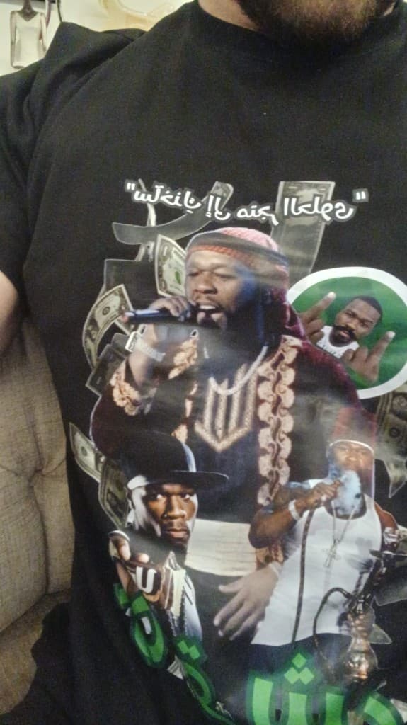 Customer wearing their Arabized Drip 50 Cent tee